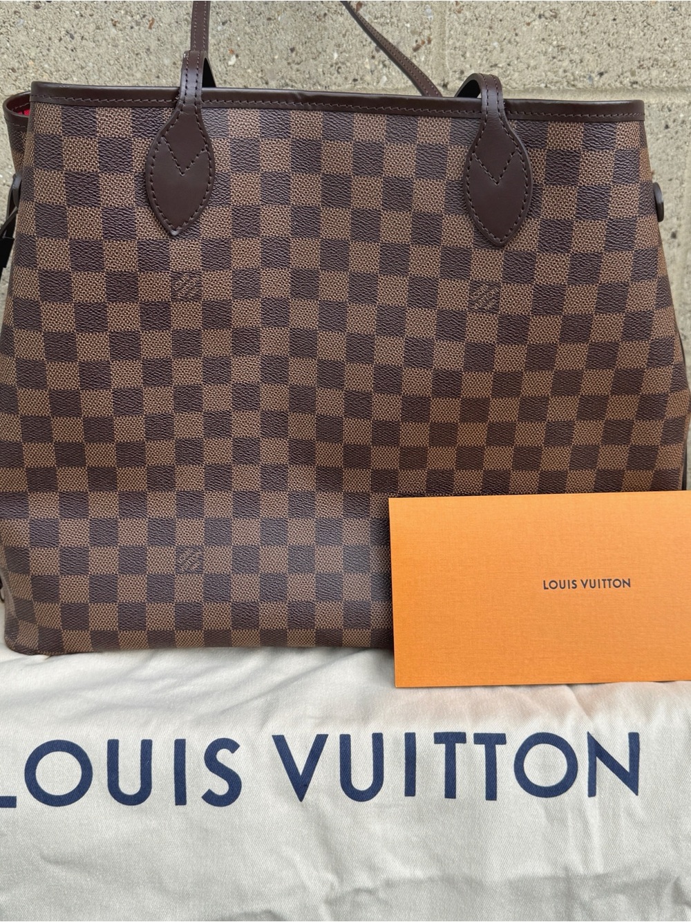 Louis Vuitton Damier Ebene Coated Canvas Leather Trim Neverfull GM Tote Bag